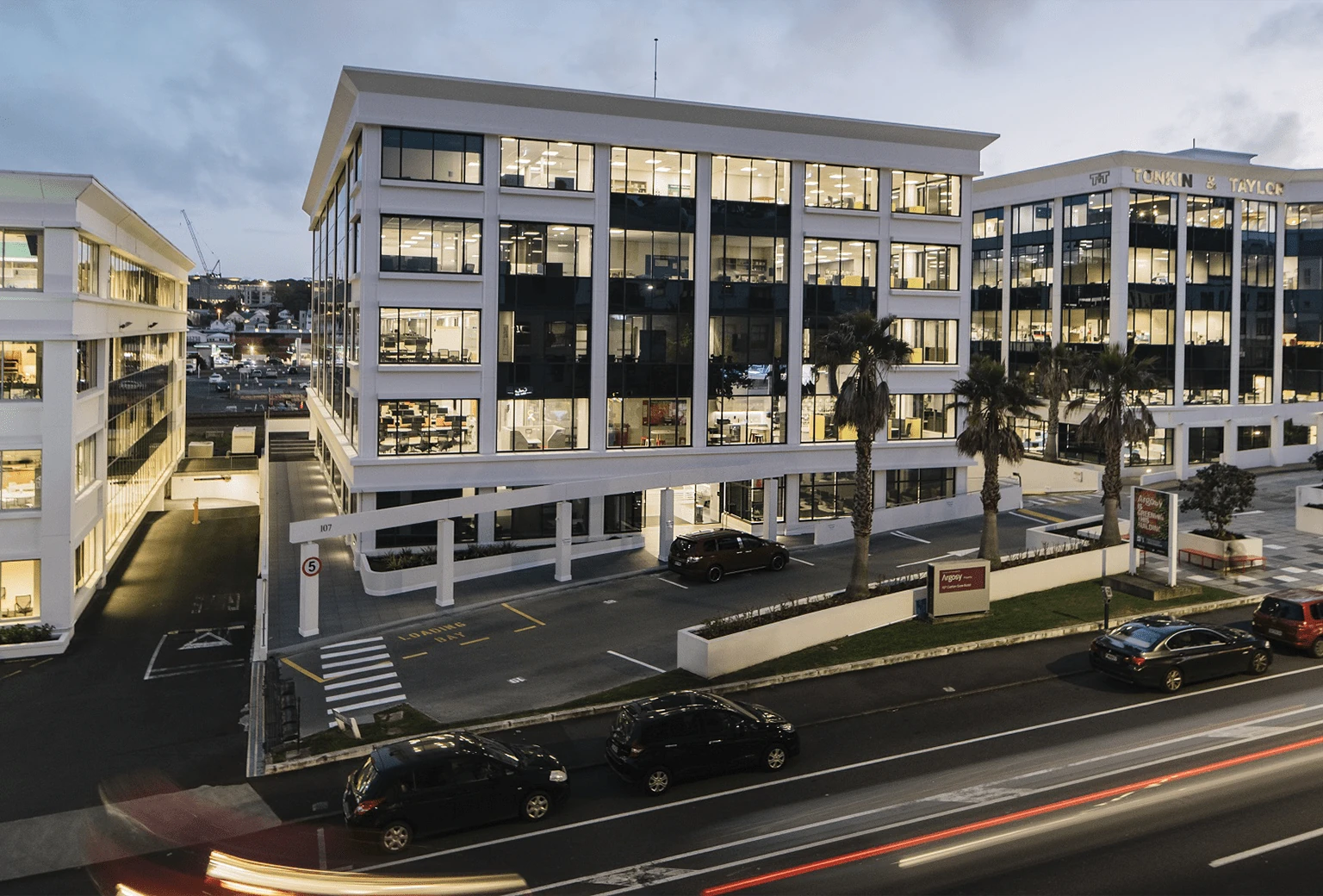 107 Carlton Gore office project exterior at dusk