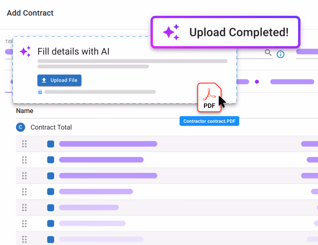 AI-assisted contract upload interface showing PDF upload and auto-fill details completion.