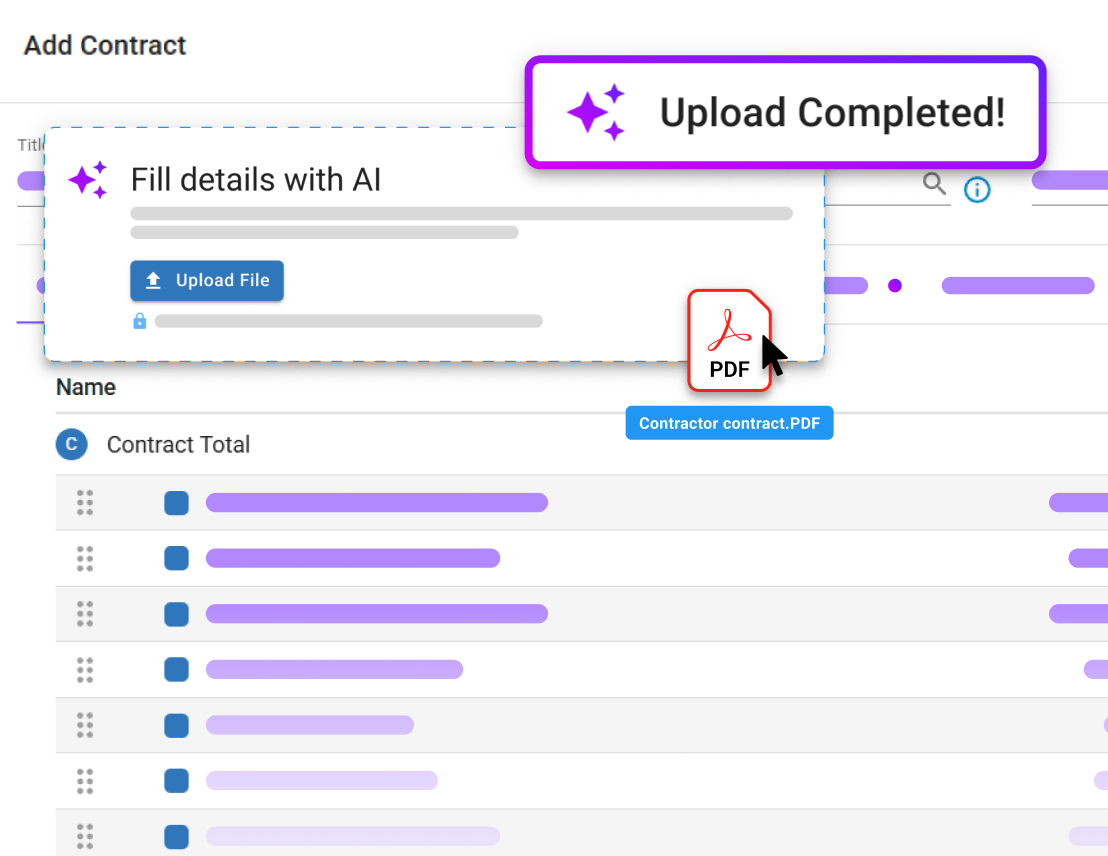 AI-assisted contract upload interface showing PDF upload and auto-fill details completion.