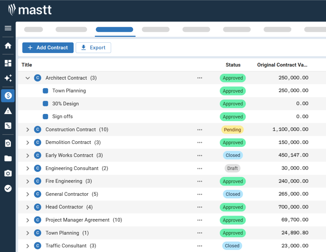 Contract register showing approved, pending, and closed contracts with values and status.