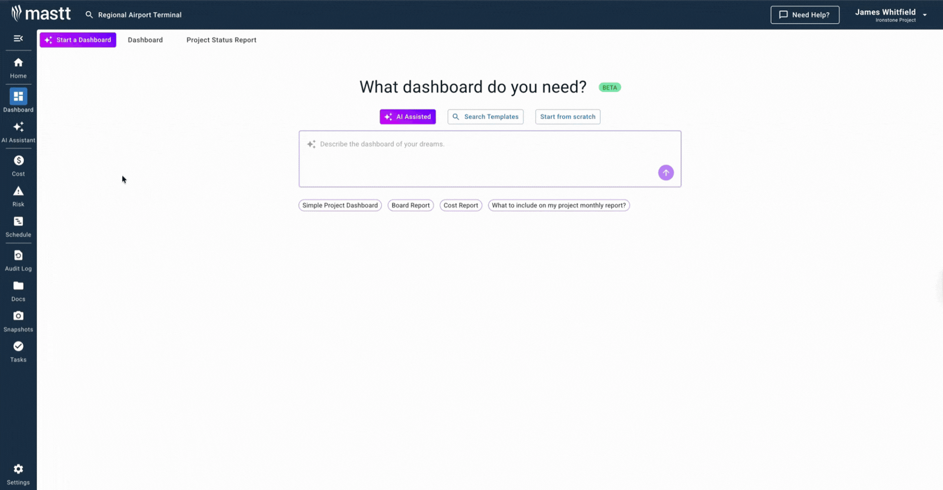 Mastt's AI recommending the best fit progress report template dashboard.