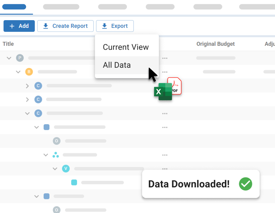 Risk reporting screen showing export options for current view or all data, with Excel and PDF download and confirmation message.