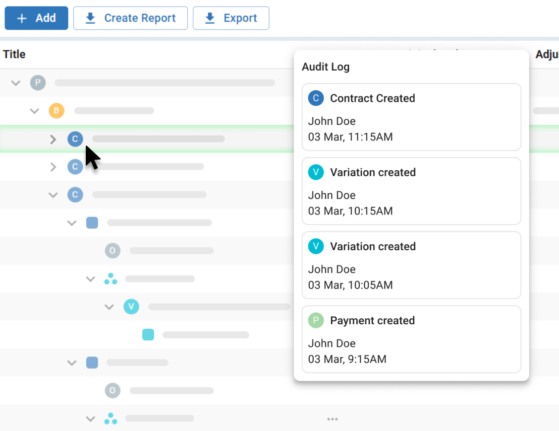 Audit Log panel showing time-stamped contract, variation, and payment activity.