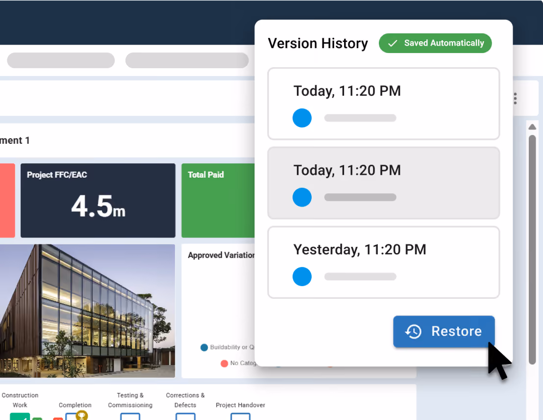 Version history panel showing time-stamped project updates with option to restore previous versions.