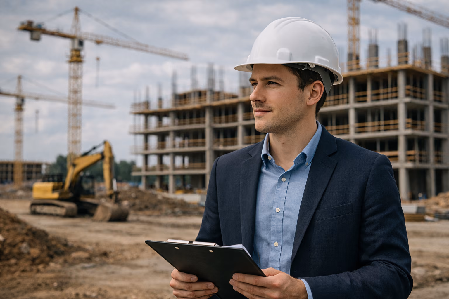 Owner’s representative at construction site inspecting progress with clipboard in hard hat.