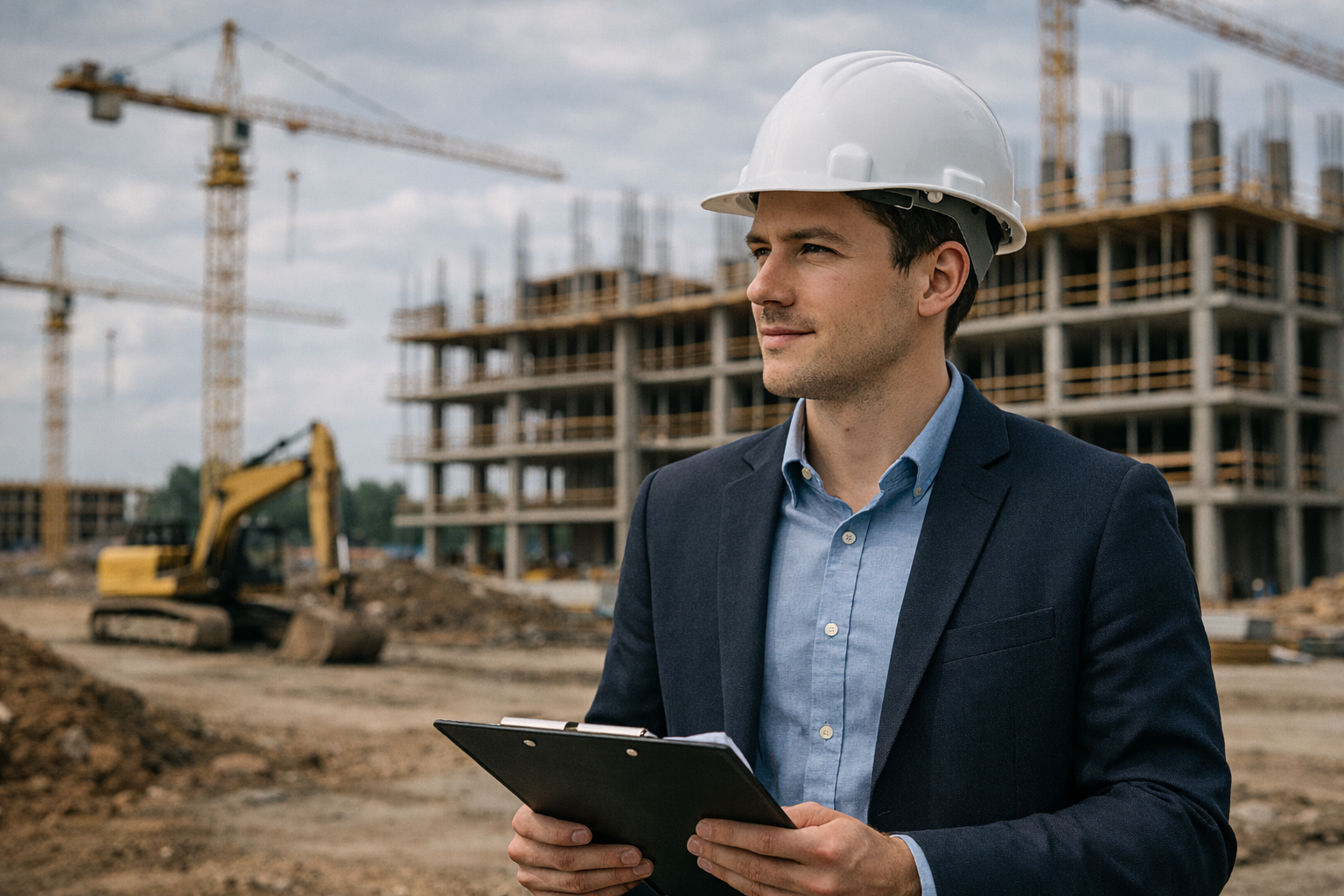 Owner’s representative at construction site inspecting progress with clipboard in hard hat.