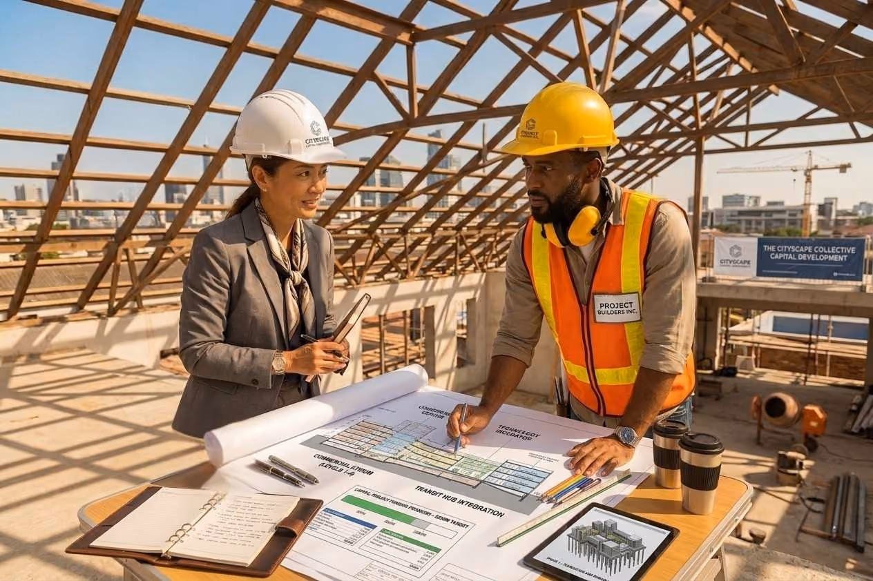 Owner’s representative and site supervisor review plans and progress at construction site.