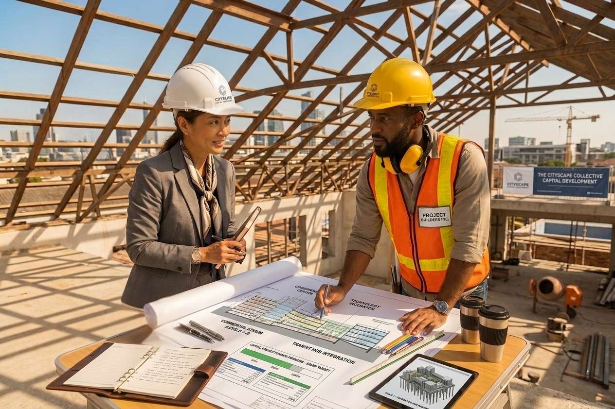 Owner’s representative and site supervisor review plans and progress at construction site.