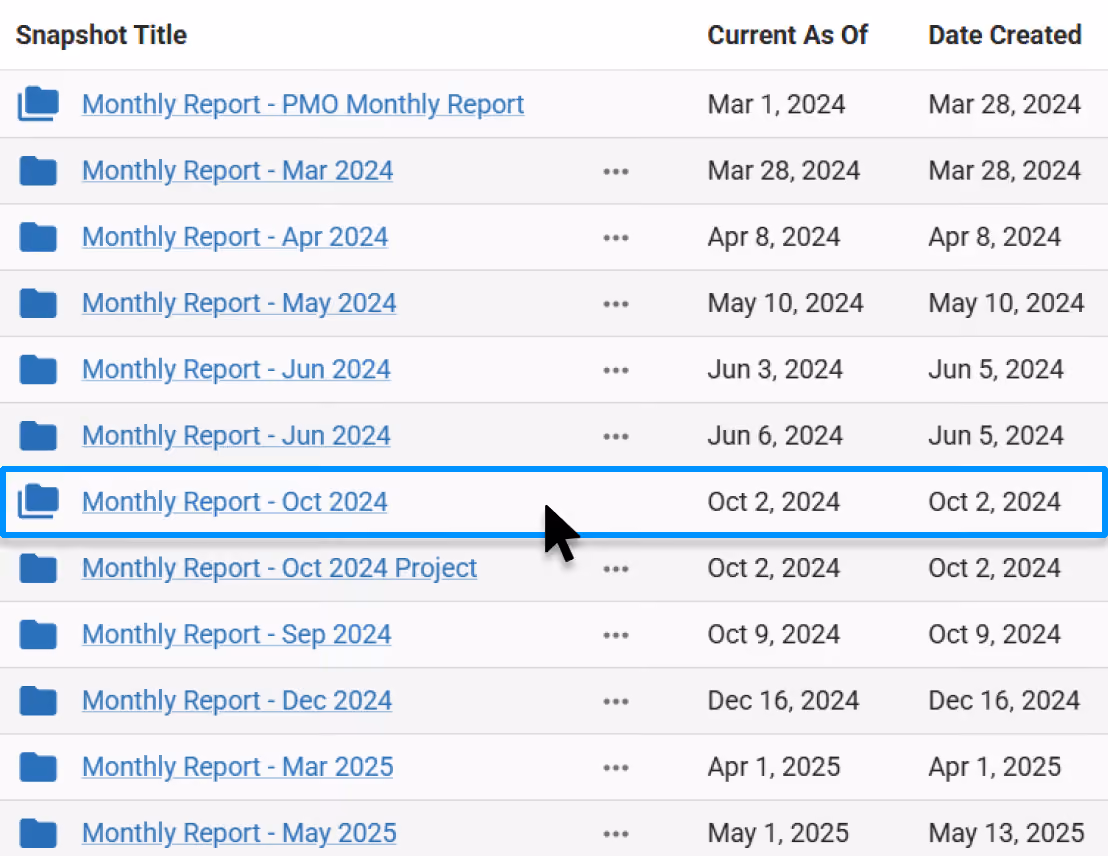 Snapshots list with titles and reporting dates