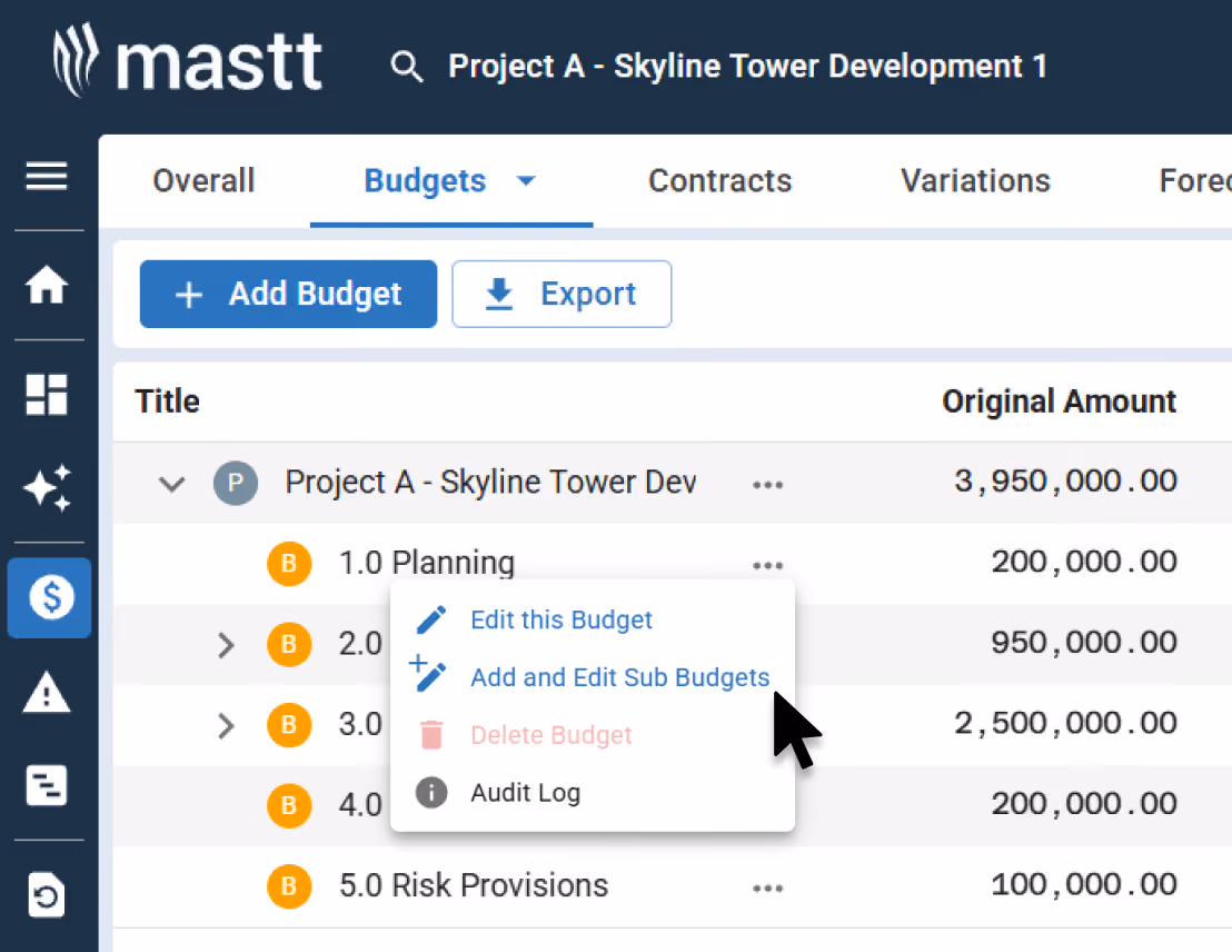 Editing project budget to add and manage contingency within sub-budgets in Mastt.
