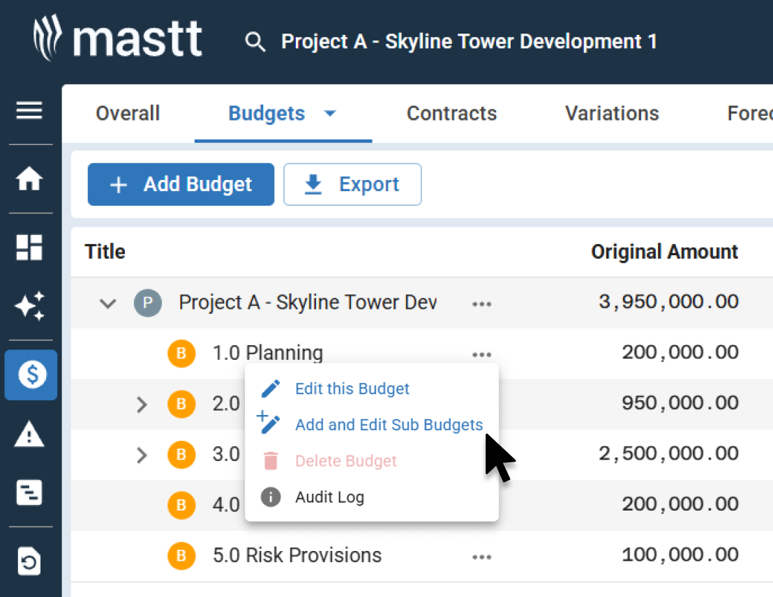 Editing project budget to add and manage contingency within sub-budgets in 91����.