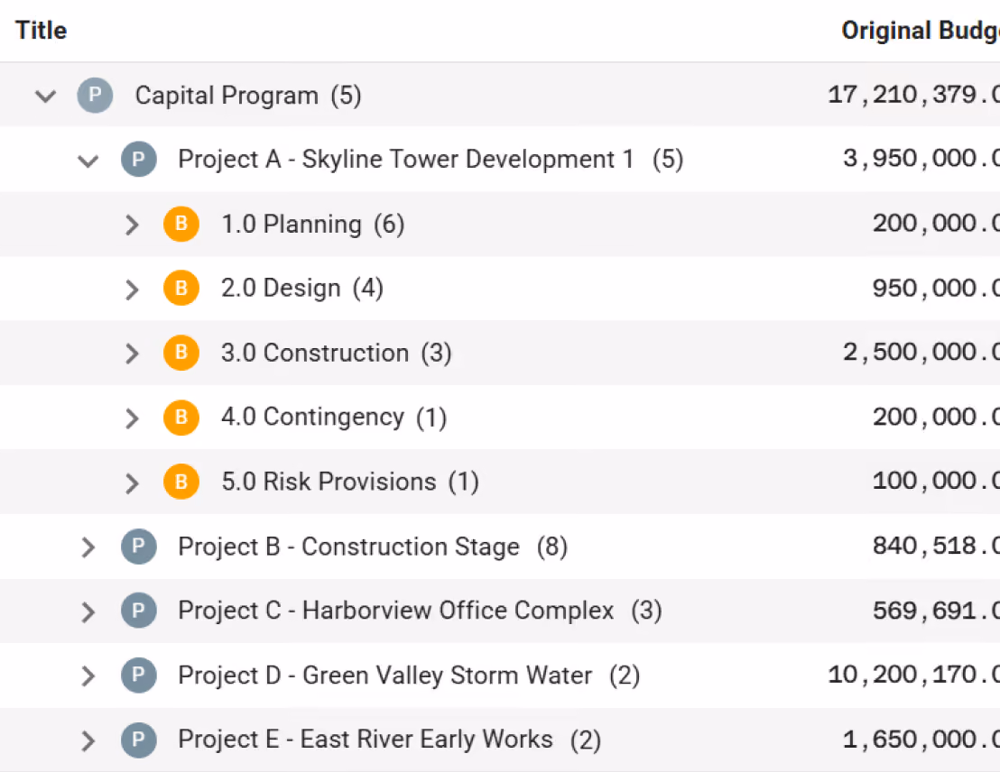Program and project budget hierarchy showing contingency allocation within sub-budgets.