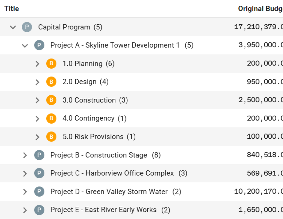 Program and project budget hierarchy showing contingency allocation within sub-budgets.