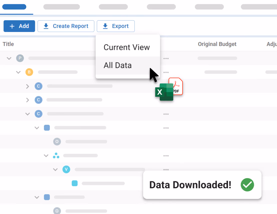 Project register export menu showing Current View and All Data options with Excel and PDF export icons.