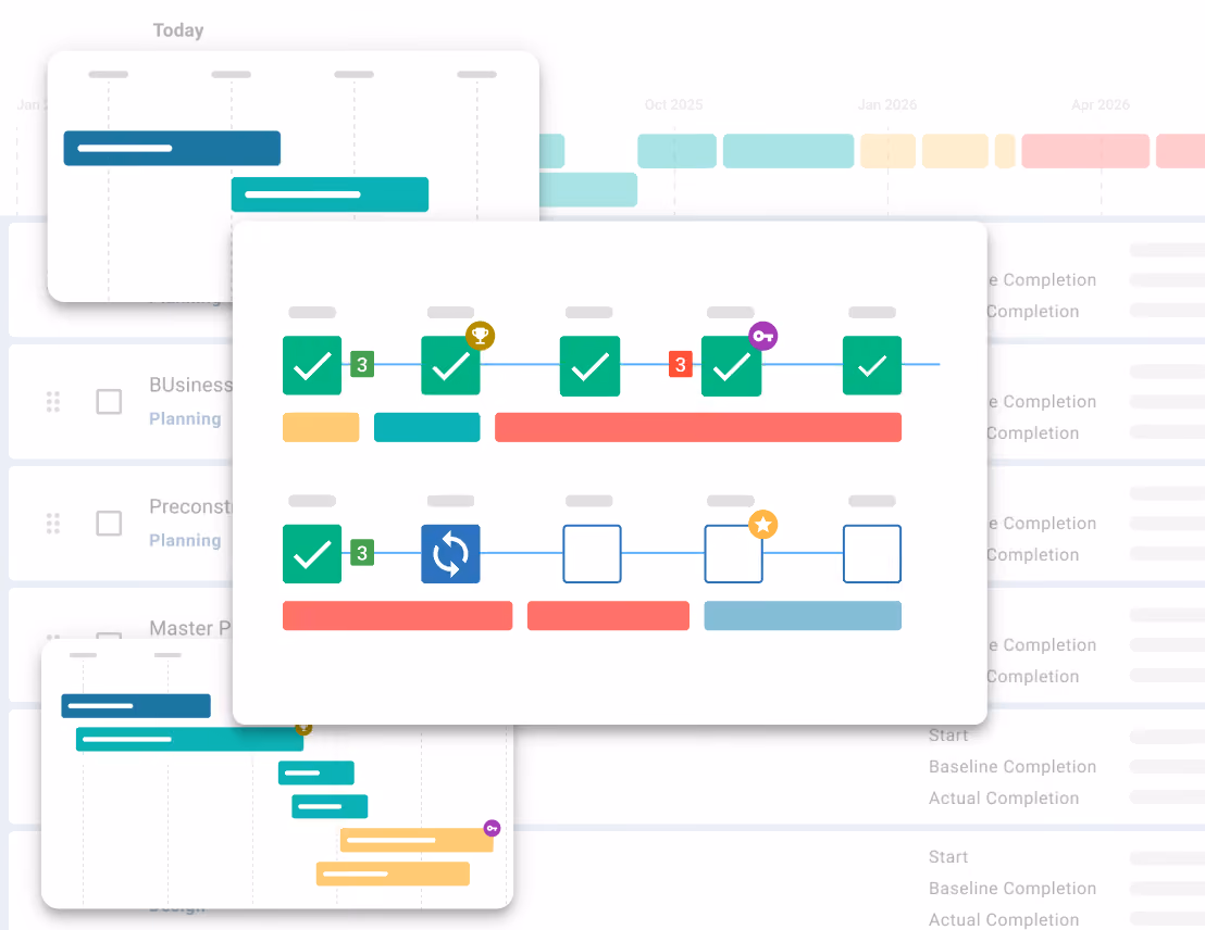 Illustration of project schedule templates over a blurred Gantt chart, showing reusable timeline layouts with milestones, task bars, status icons, and editable workflow steps.