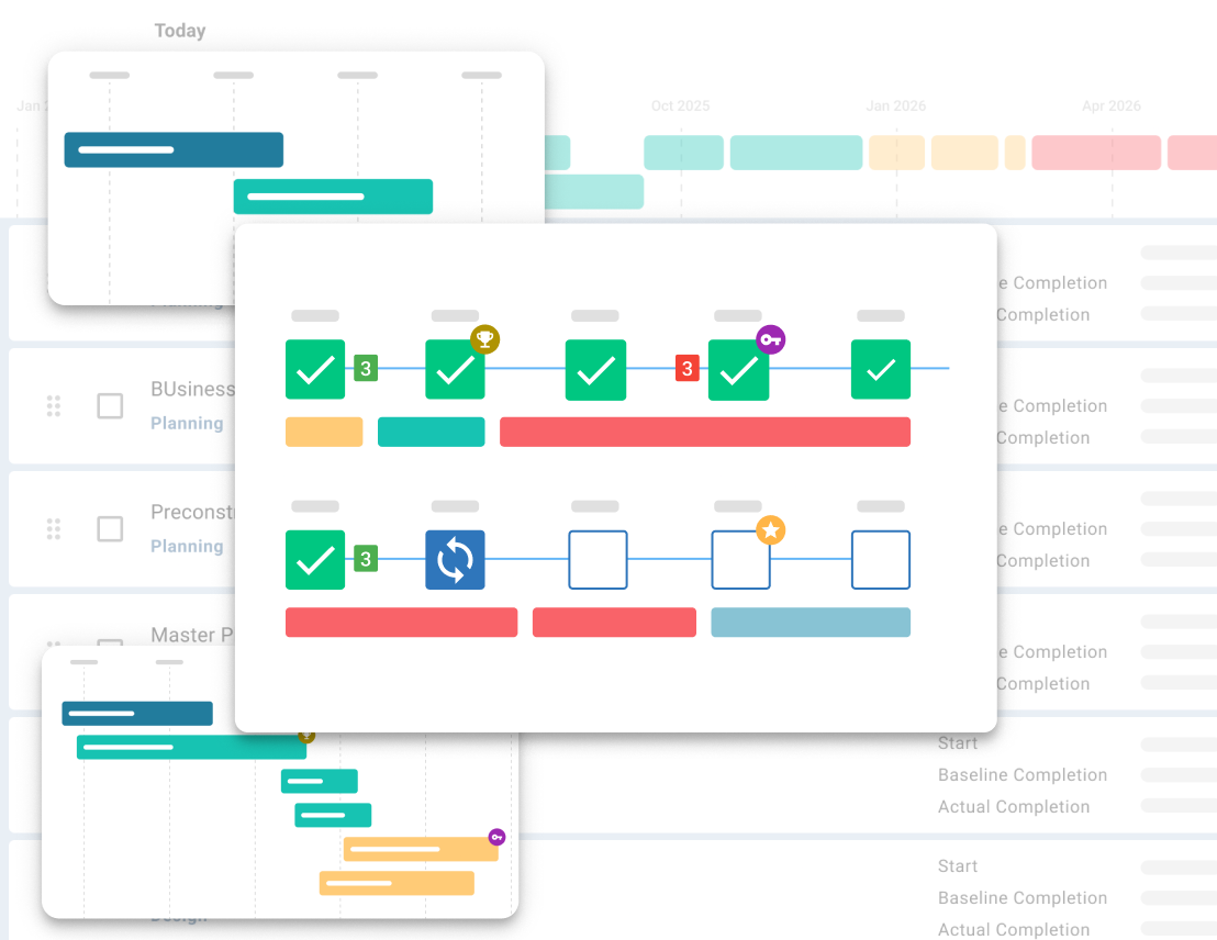 Illustration of project schedule templates over a blurred Gantt chart, showing reusable timeline layouts with milestones, task bars, status icons, and editable workflow steps.