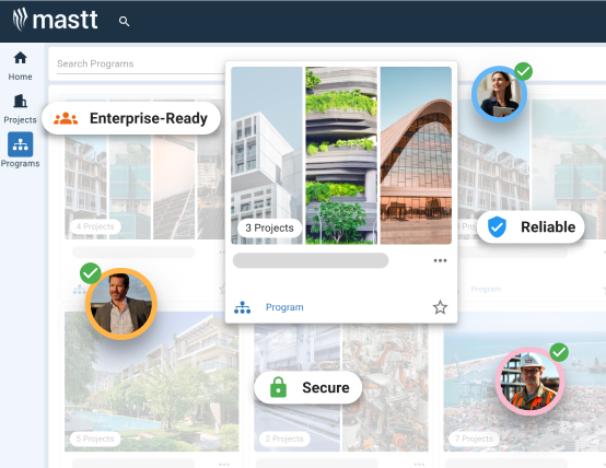 Mastt cloud access interface showing program cards in a web browser with callouts for enterprise-ready, secure, and reliable access.