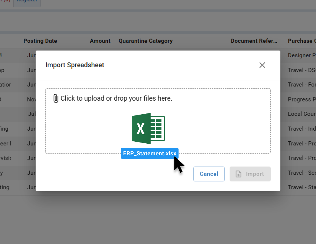 Spreadsheet upload window with Excel file selected for import.