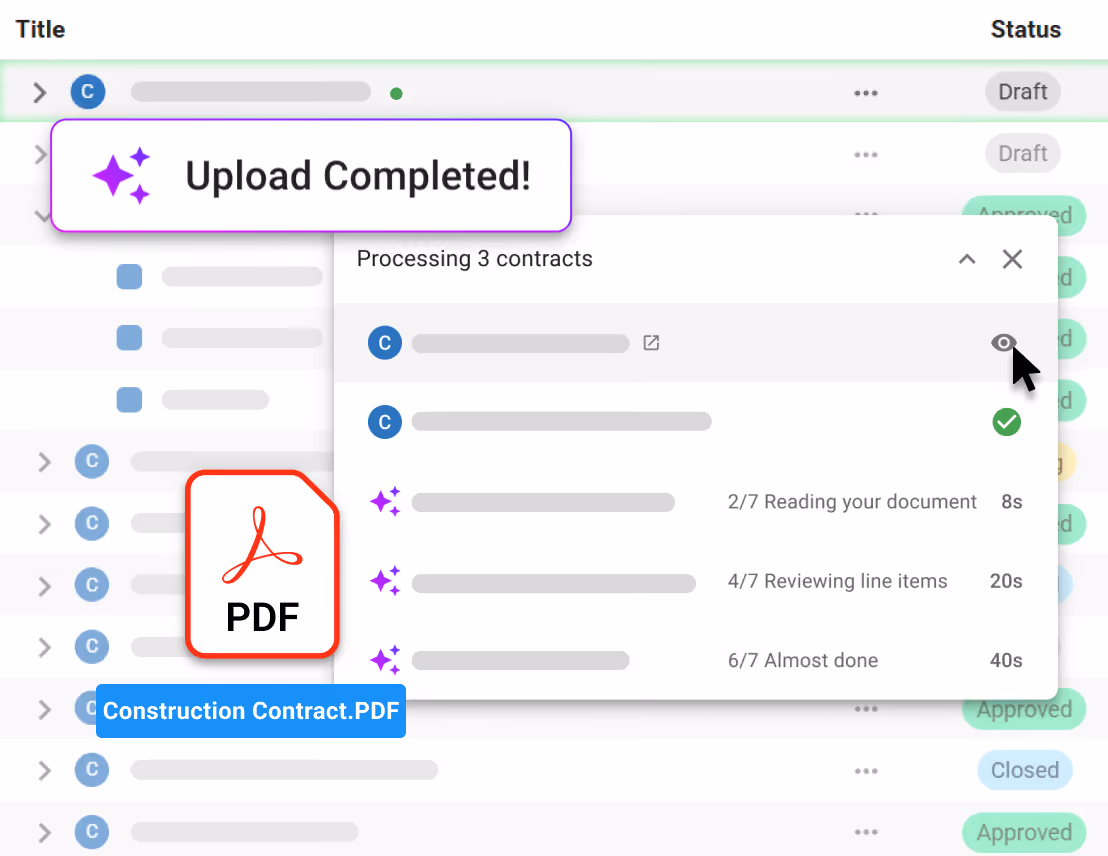 Bulk AI upload status window processing contract PDF files.