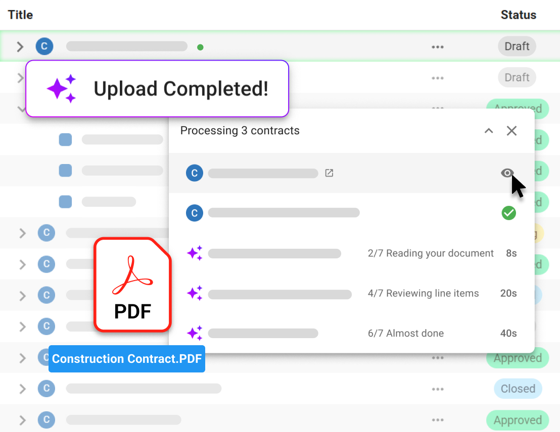 Bulk AI upload status window processing contract PDF files.