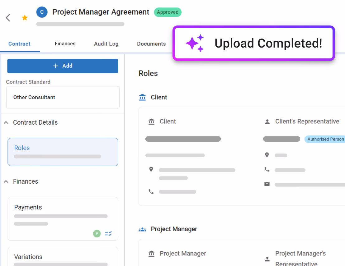 Contract record page showing vendor details, roles, finances, documents, and a confirmation message after upload.