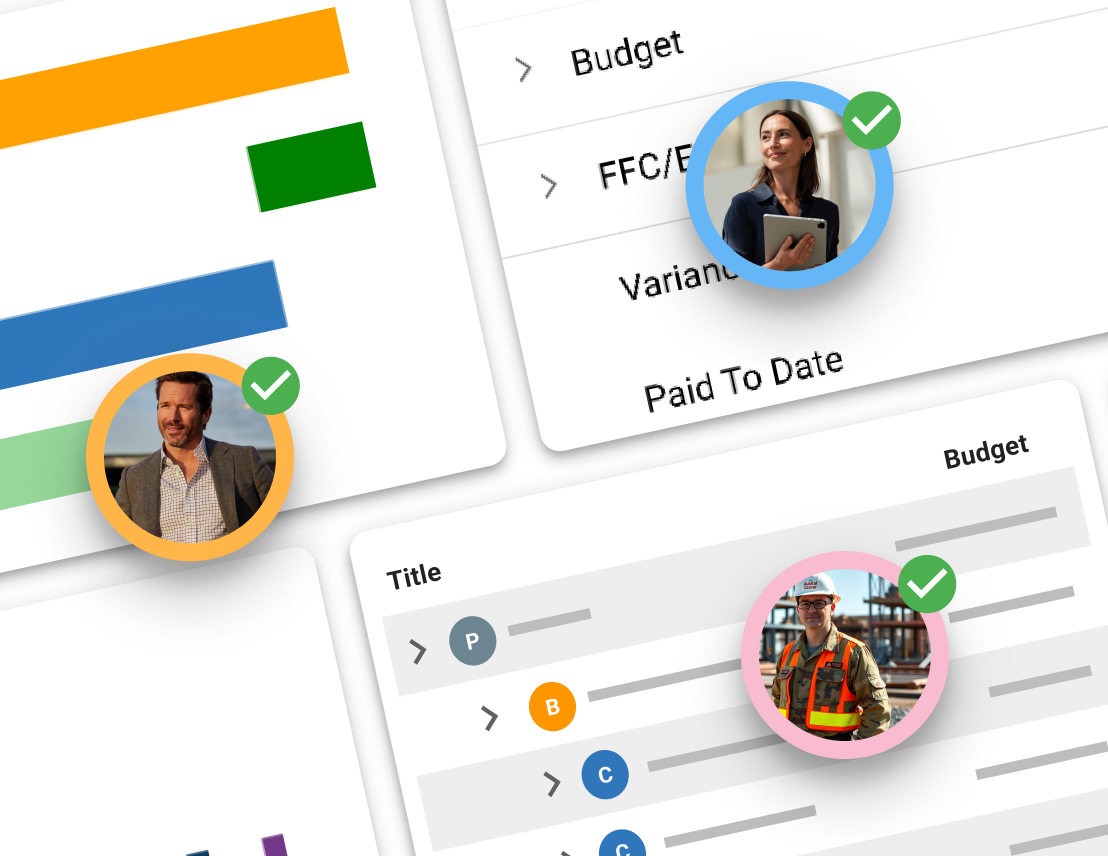 Construction database interface with shared budget records and team member profile images showing approved access for multiple stakeholders.
