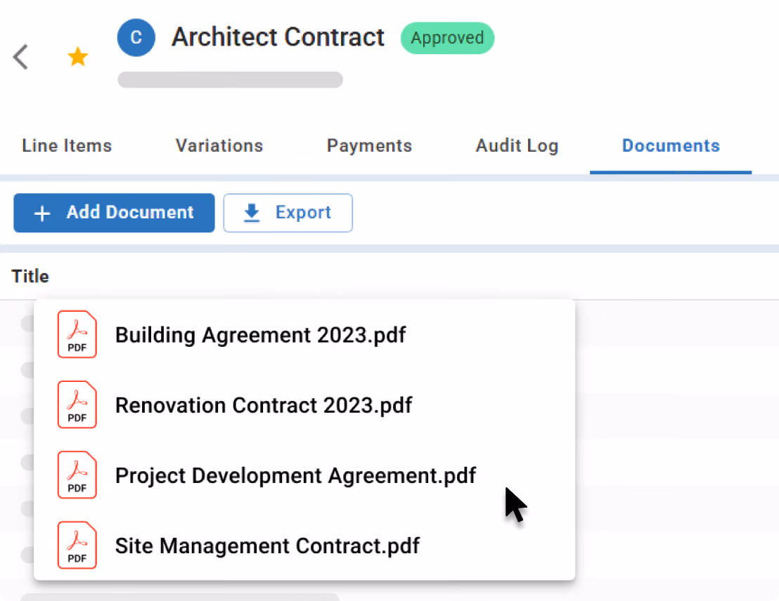 Contract documents tab showing a list of uploaded PDF files attached to an approved contract record.