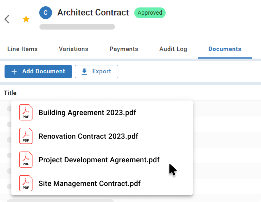 Document management view in Mastt showing uploaded contract files attached to a project record.