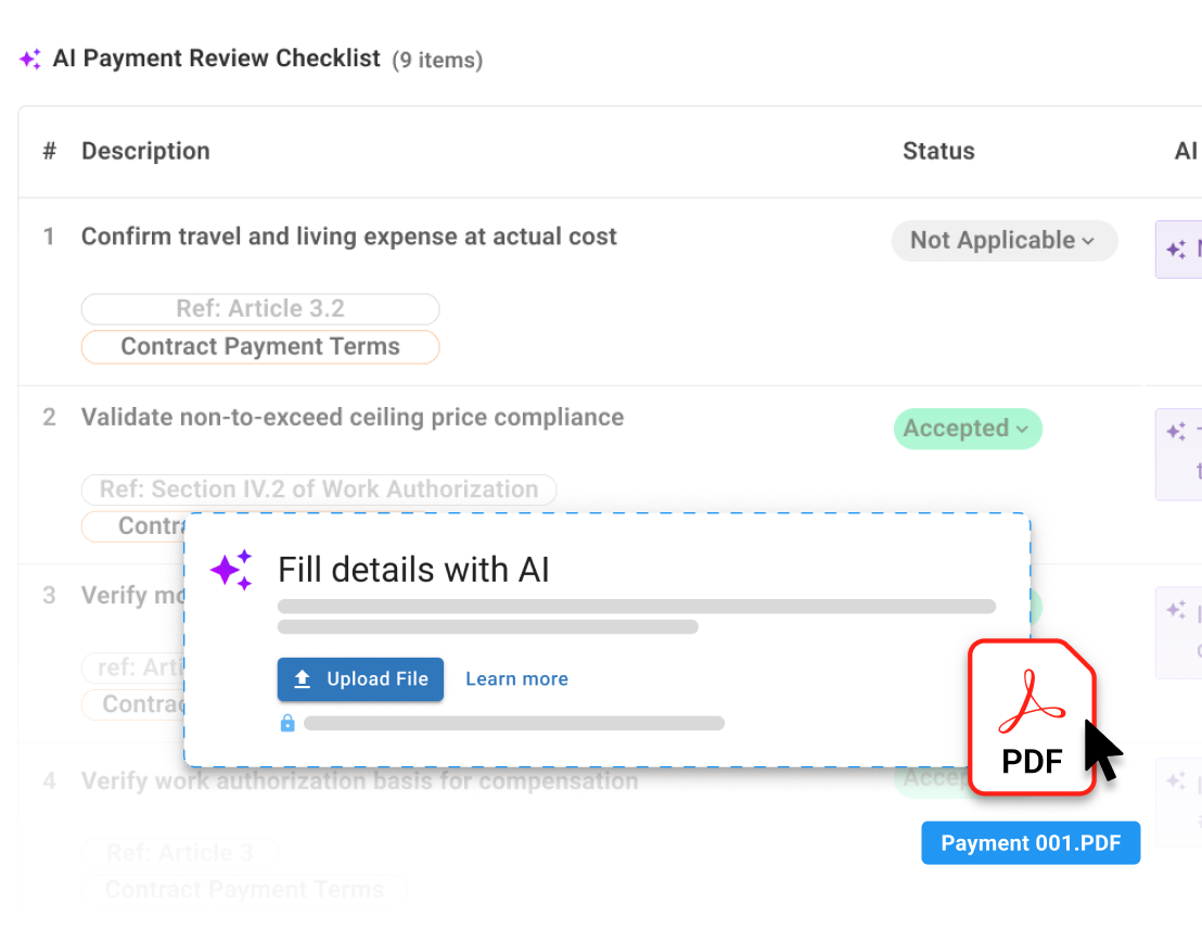 AI payment review checklist with a Fill details with AI window for uploading a PDF and extracting payment information.