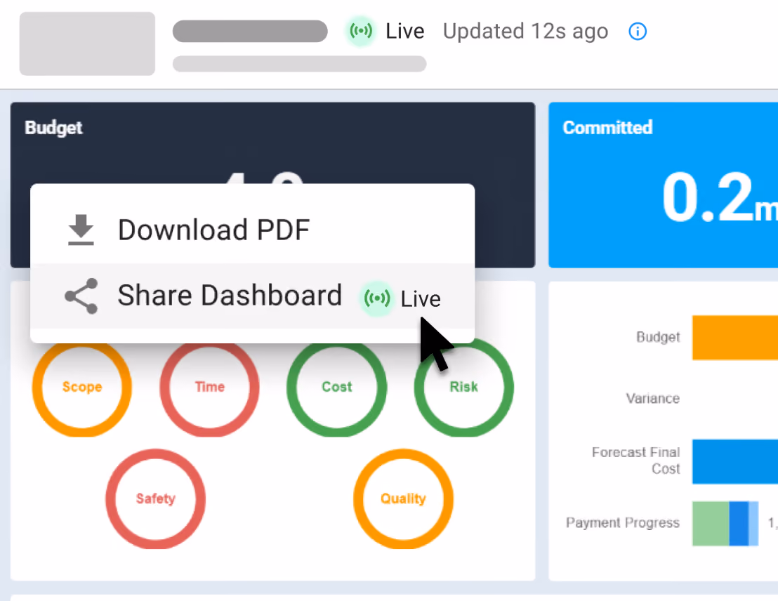 Construction data analytics dashboard with live update status, PDF download, dashboard sharing, budget tile, and project performance visuals.