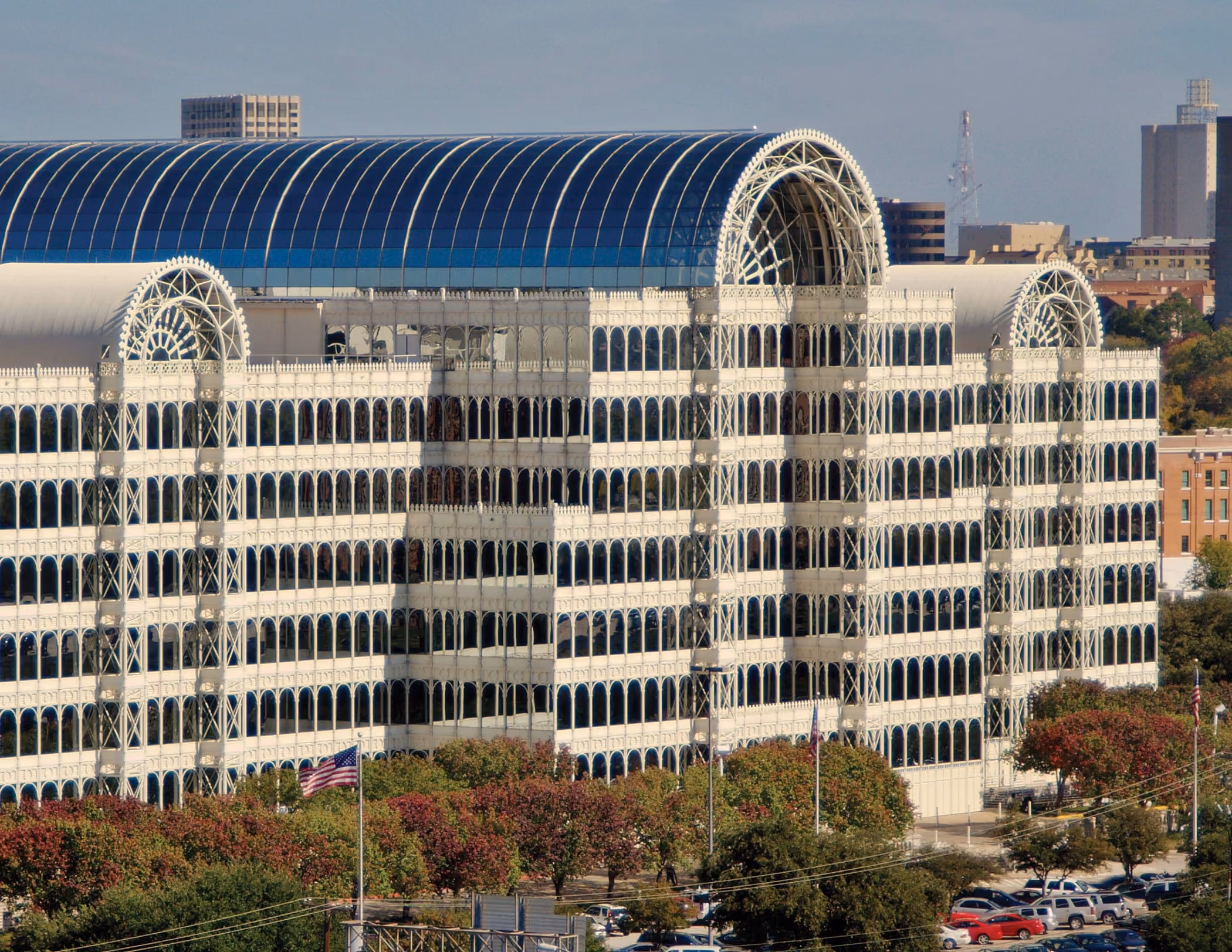 Colocation data center building with ornate white exterior