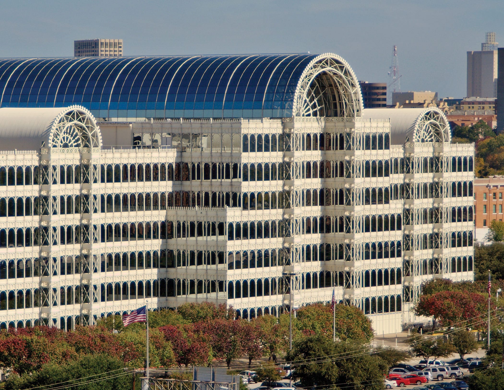 Colocation data center building with ornate white exterior