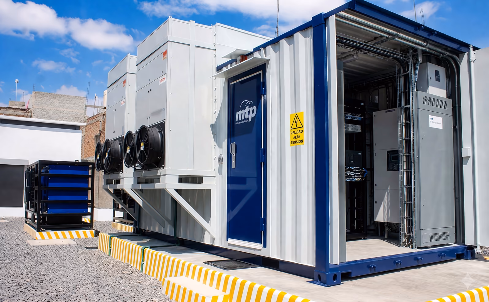 Edge data center unit with MTP door, cooling equipment, and open bay