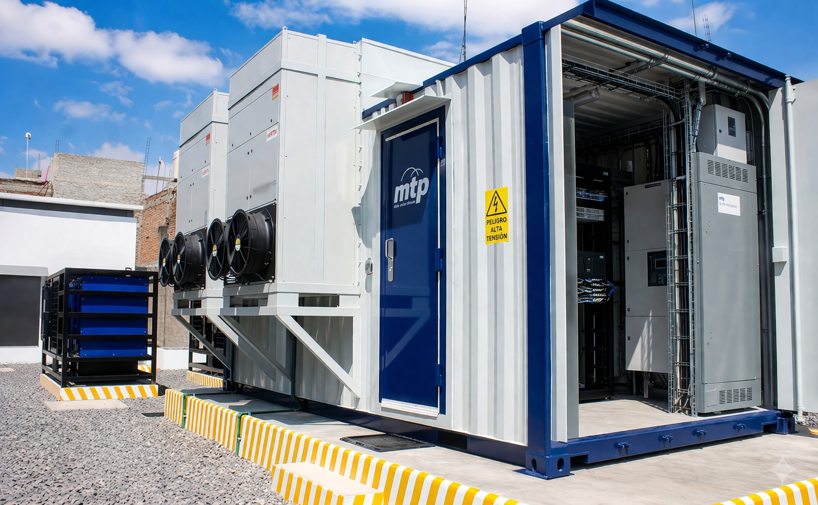 Edge data center unit with MTP door, cooling equipment, and open bay