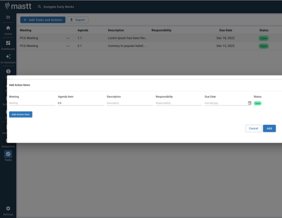 Mastt Tasks & Actions screen showing a task register with meeting action items, due dates, and status, plus an open form for adding a new action item.