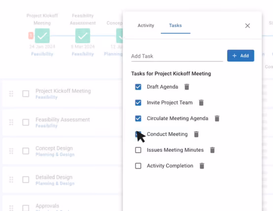 Mastt task panel showing checklist items for a project activity, with completed and pending tasks tracked in one place.