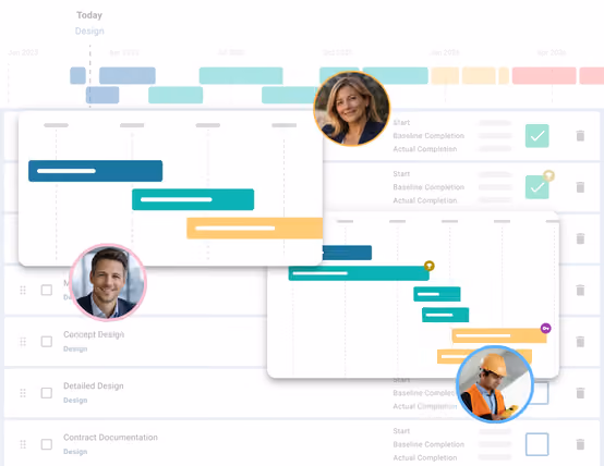 Mastt schedule view showing task bars across a timeline with assigned team members and linked responsibilities.