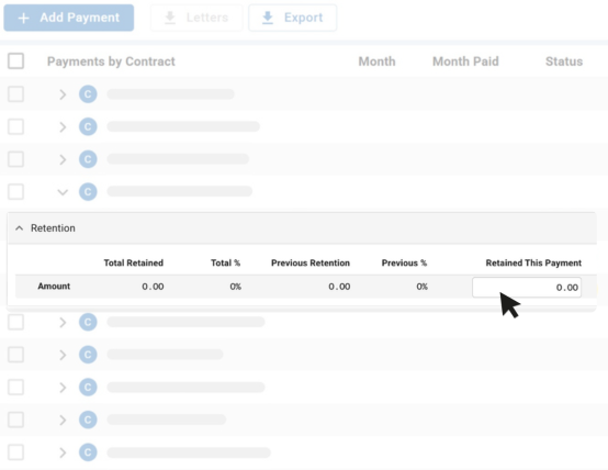 Retention section in payment form showing retained amounts and percentages.