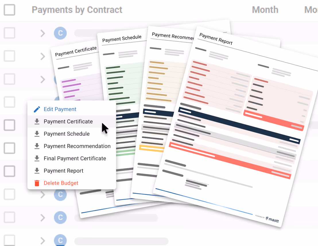 Payment documents menu with certificates, schedules, and reports including retention.