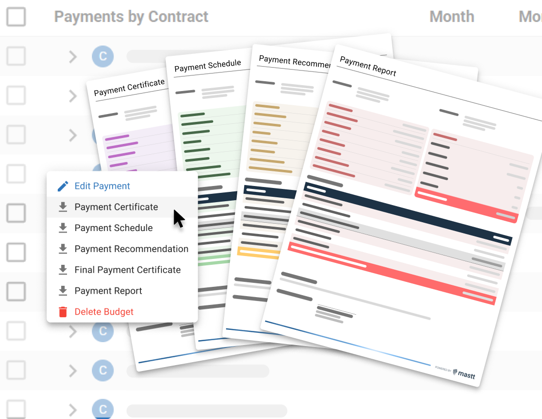 Payment documents menu with certificates, schedules, and reports including retention.