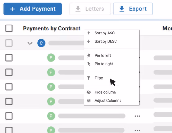 Table menu showing advanced filtering and sorting options, including sort ascending, sort descending, pin left or right, filter, hide column, and adjust columns.