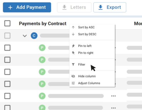 Table menu showing advanced filtering and sorting options, including sort ascending, sort descending, pin left or right, filter, hide column, and adjust columns.