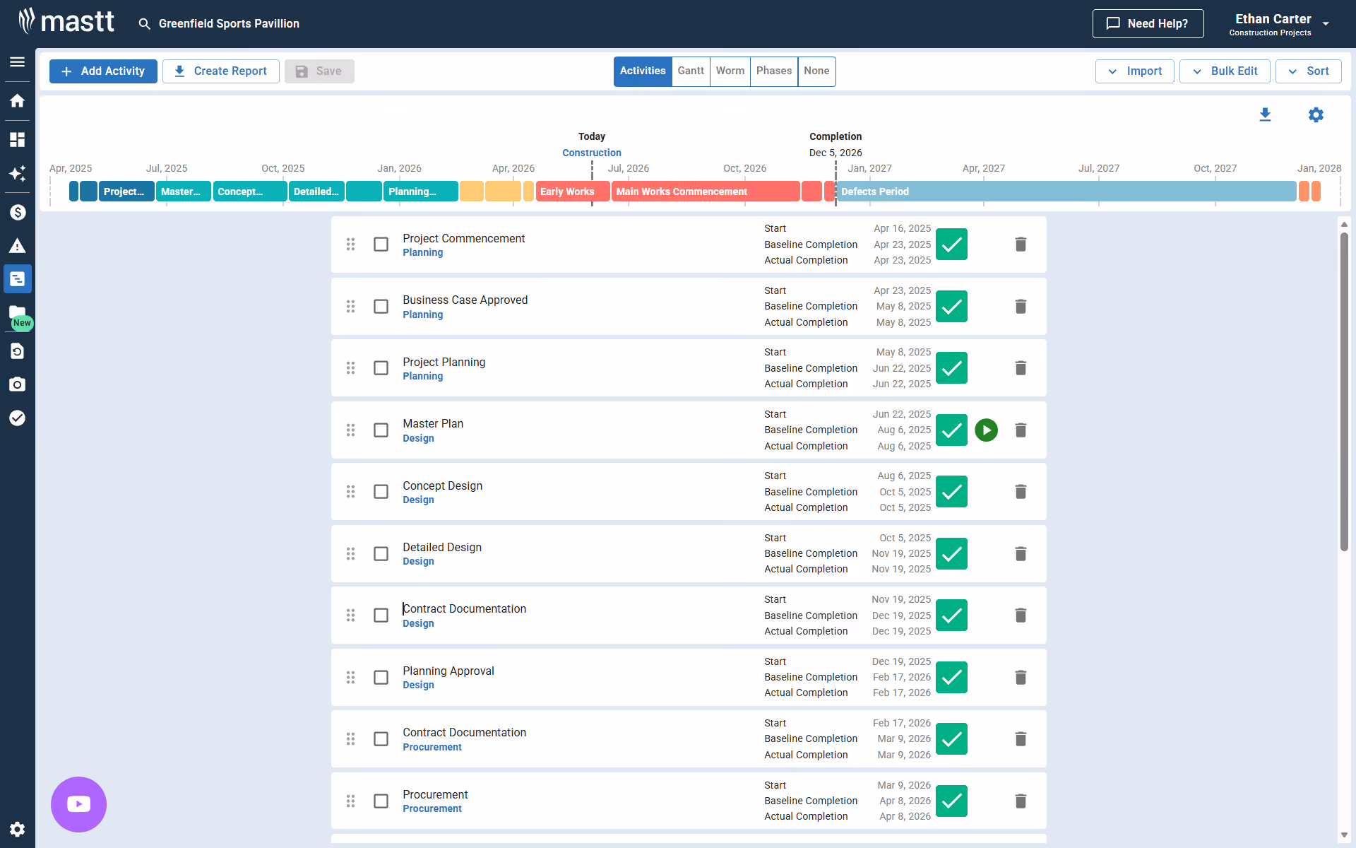 Construction project scheduling software in Mastt showing project phases, milestones, and baseline completion dates.