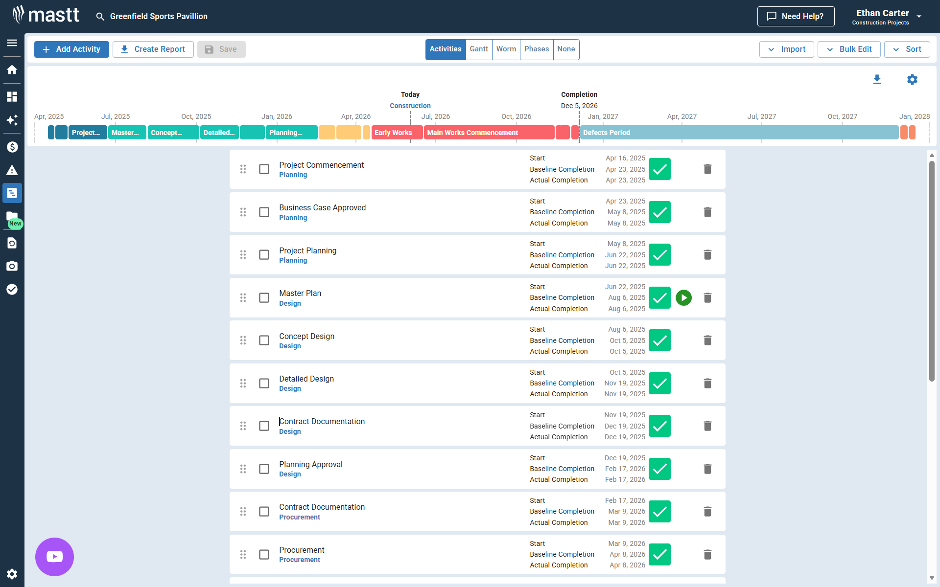 Construction project scheduling software in Mastt showing project phases, milestones, and baseline completion dates.