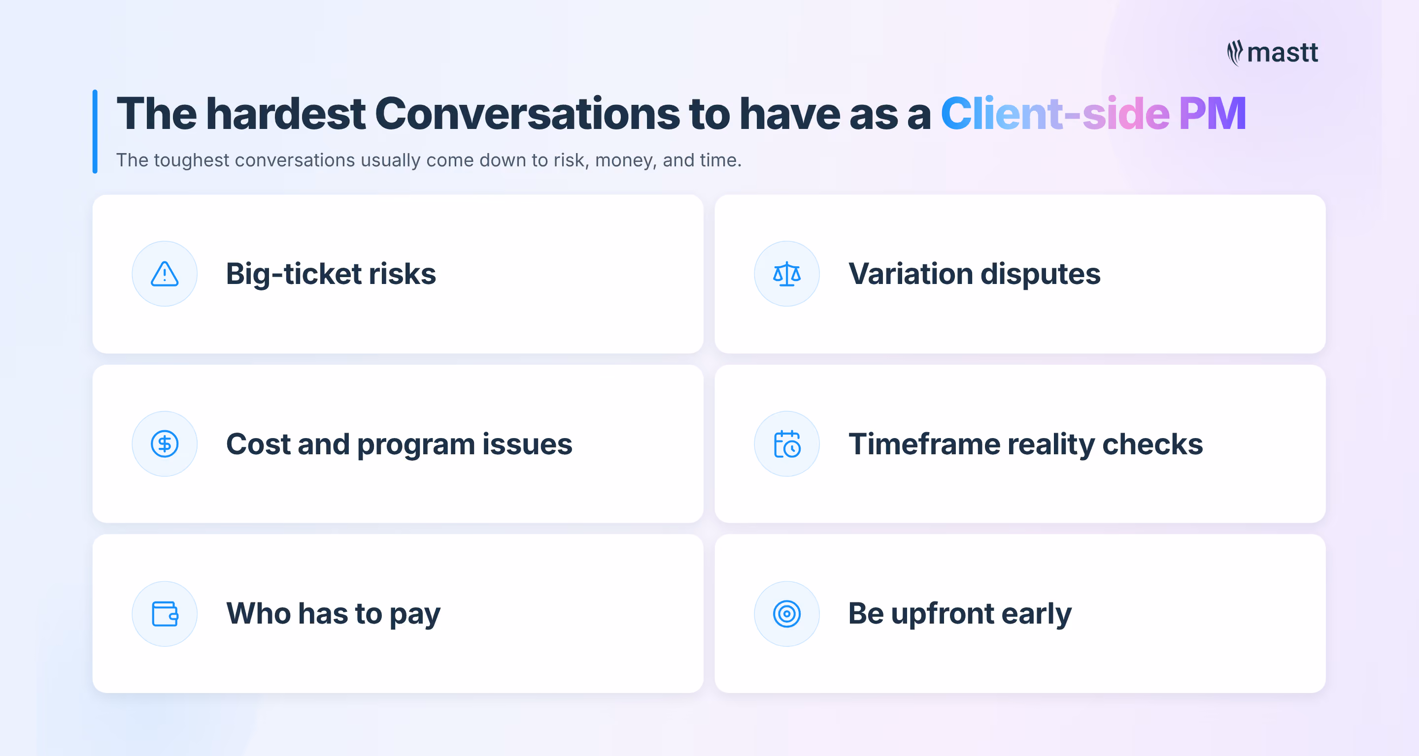 Infographic listing the hardest conversations for client-side PMs, including risks, variations, cost issues, timeframes, and payment.