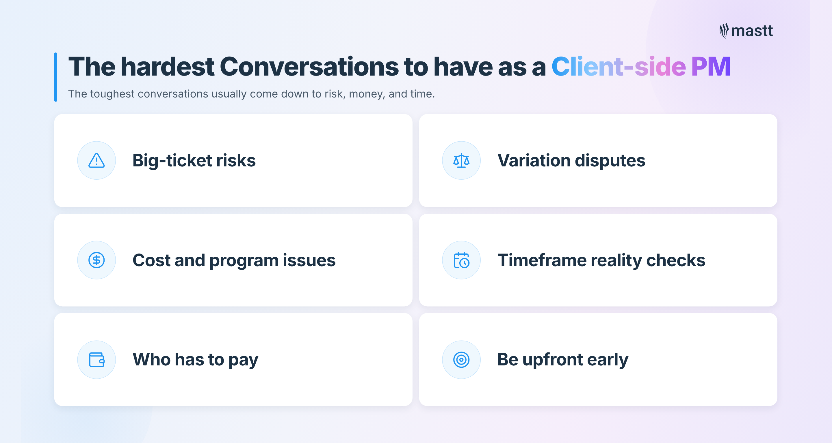 Infographic listing the hardest conversations for client-side PMs, including risks, variations, cost issues, timeframes, and payment.