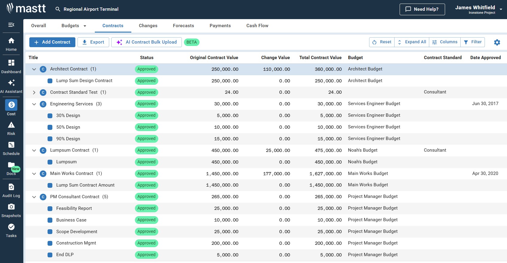 Contract management dashboard example showing five construction contracts with change orders and total contract values.