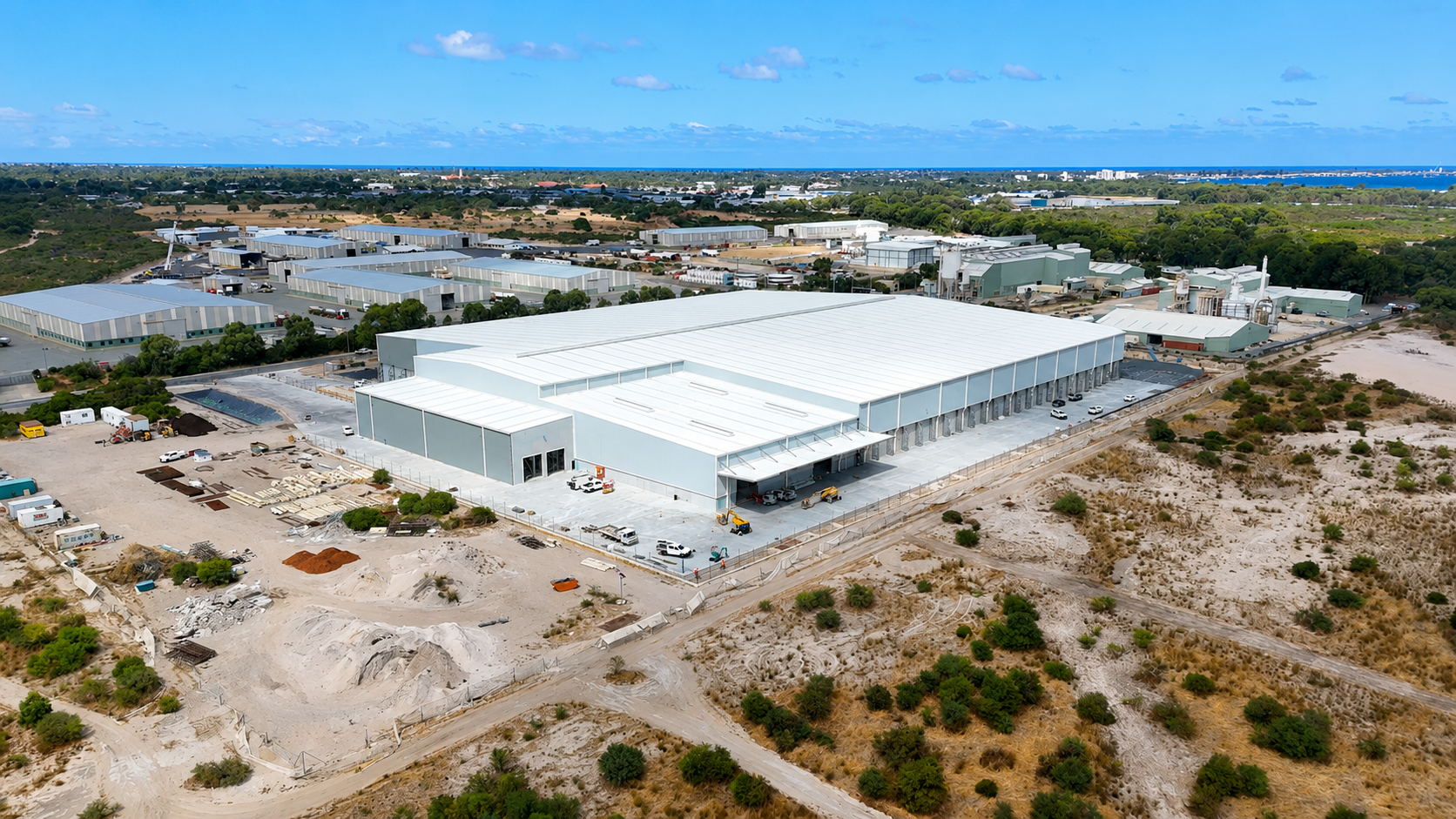 Aerial view of the Nutrien Ag Solutions Birchmead facility in East Rockingham, WA, with the large manufacturing building nearing completion.
