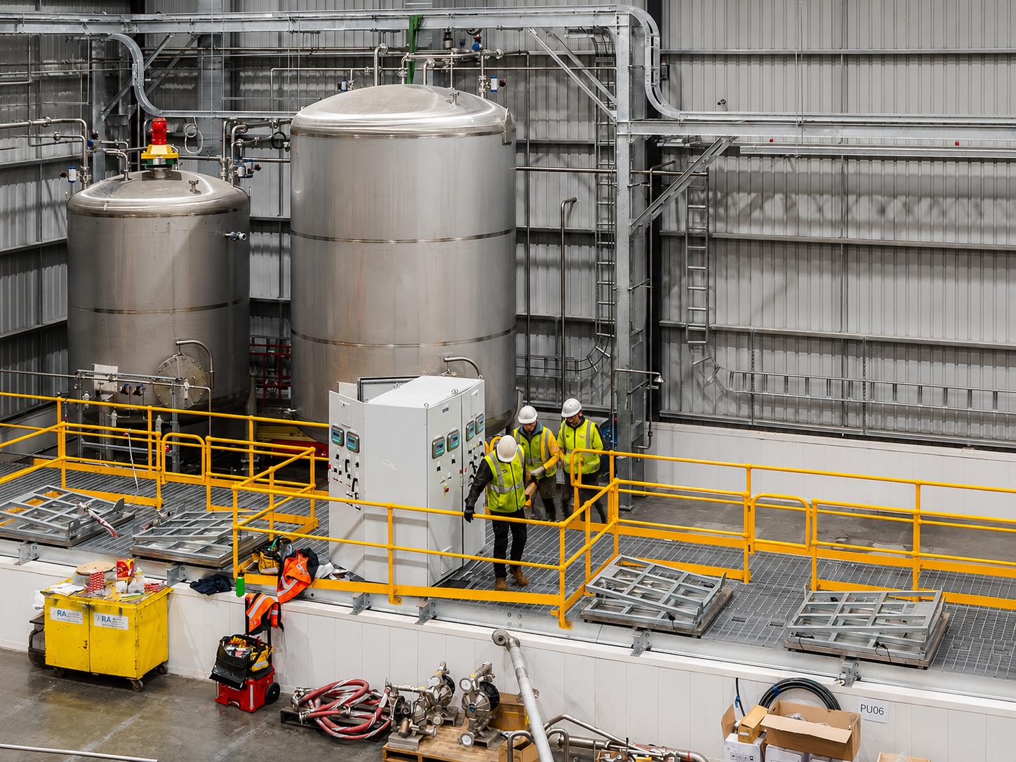 Workers inside the Nutrien Ag Solutions Laverton manufacturing facility during equipment installation and commissioning.