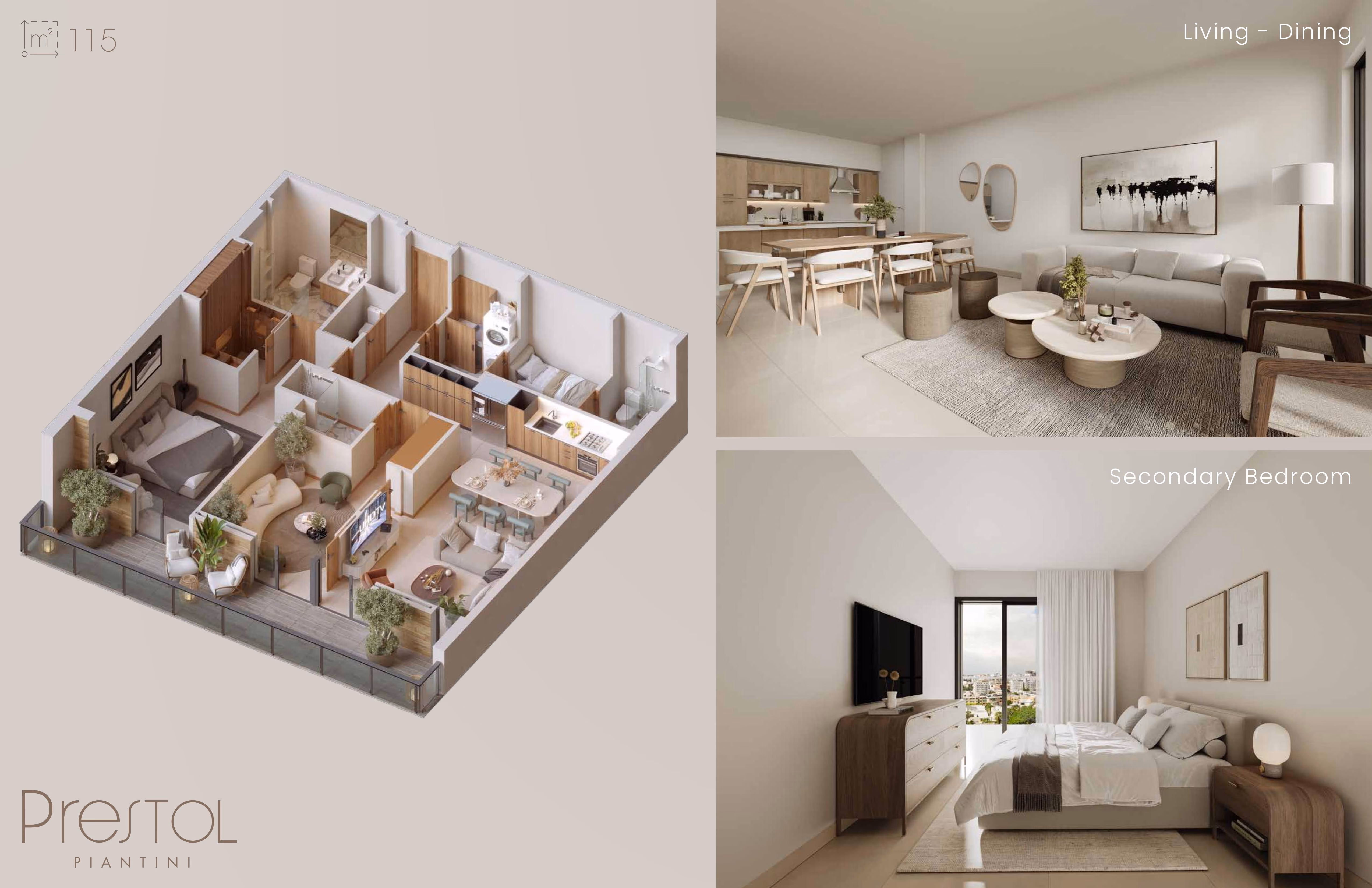 Prestol Piantini apartment layout with living-dining area and secondary bedroom.